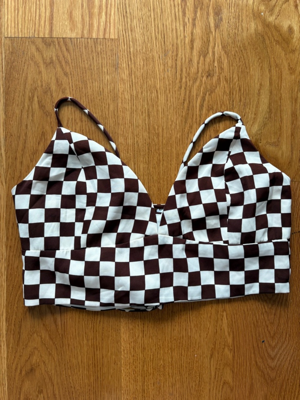 NWT Bobbles & Lace Checkerboard Strappy Back Bra Top in Brown & Cream (Size L)